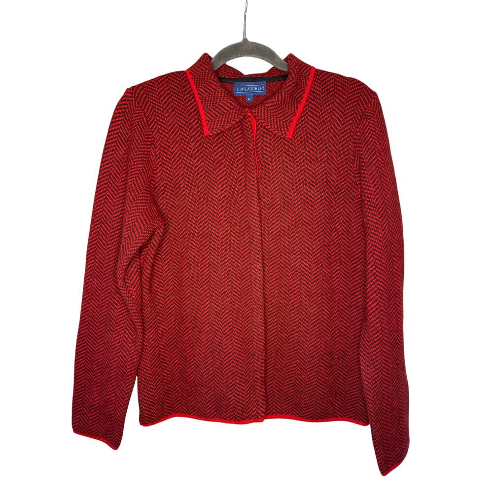 J. McLaughlin Red Black Pattern Long Sleeve Collared Sweater Cardigan Sz M Wool